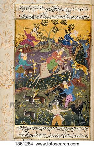 Picture - Painting From 17Th Century Persian Manuscript Hunters Mounted And On Foot Killing Deer And Tiger. Fotosearch