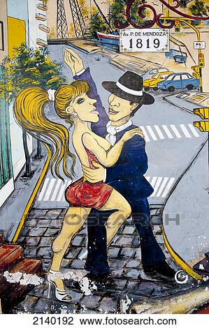 Stock Image - Painting Of A Couple Dancing Tango In La Boca, Buenos Aires, Argentina. Fotosearch