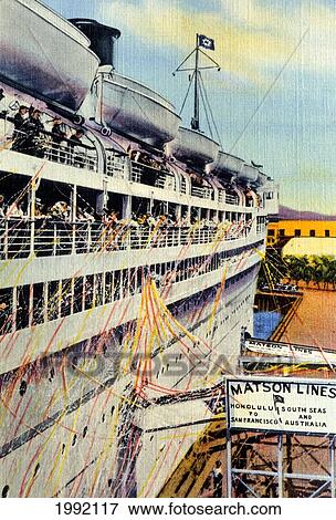 Painting of a cruise ship with passengers lined up a the railings throwing streamers in farewell View Large Photo Image Stock Photo - Painting of a cruise ship with passengers lined up a the railings throwing streamers in farewell. Fotosearch