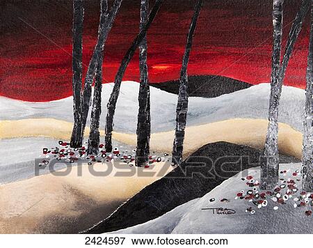 Stock Photo - Painting of a dramatic landscape with red sky. Fotosearch