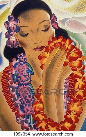 Painting of a hawaiian woman wearing flower leis View Large Photo Image Picture - Painting of a hawaiian woman wearing flower leis. Fotosearch