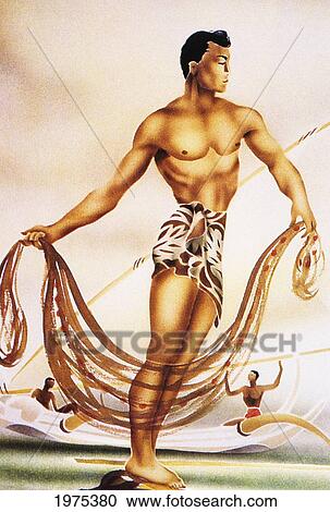 Stock Image - Painting of a man in a sarong holding a fishing net. Fotosearch