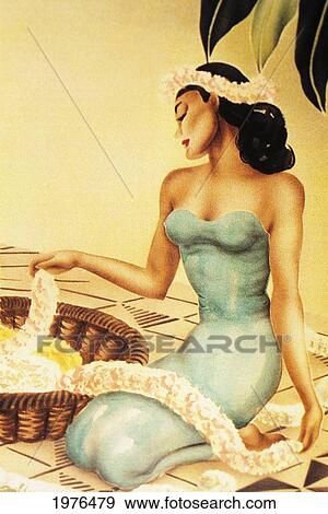 Painting of a woman making a lei View Large Photo Image Stock Photo - Painting of a woman making a lei. Fotosearch