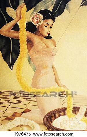Painting of a woman with a tropical flower in her hair dying a lei View Large Photo Image Stock Photography - Painting of a woman with a tropical flower in her hair dying a lei. Fotosearch