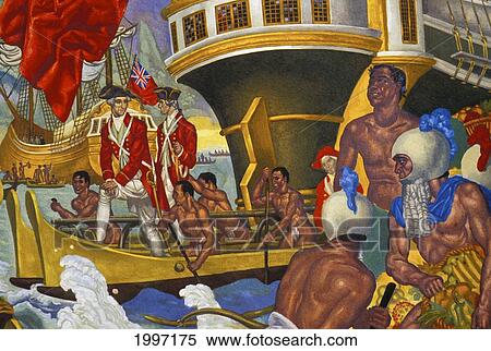 Stock Photography - Painting of explorers in a boat. Fotosearch