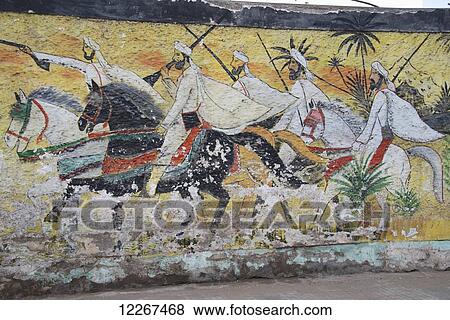 Stock Photo - Painting of fighting Moors on galloping horses ready to attack; Casablanca, Morocco. Fotosearch