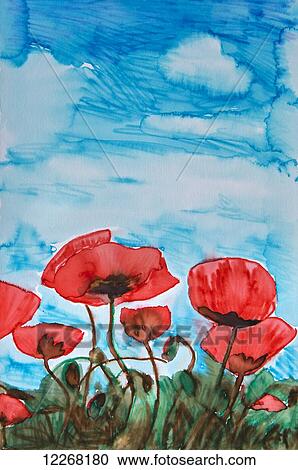 Painting of red poppies and a blue sky View Large Photo Image Stock Image - Painting of red poppies and a blue sky. Fotosearch