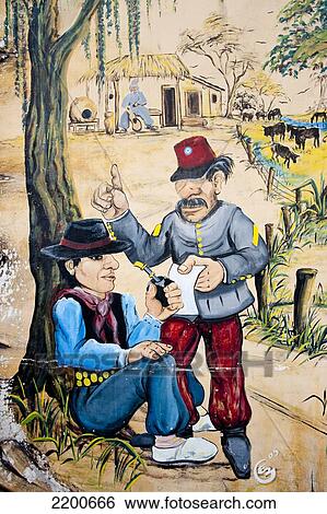 Stock Photograph - Painting Of Two Gauchos Drinking Mate In La Boca, Buenos Aires, Argentina. Fotosearch