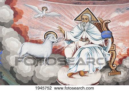 Stock Image - Paintings by Zahari Zograf on the outer walls of the Rila Monastery, Blagoevgrad, Bulgaria. Fotosearch