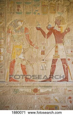 Stock Image - Paintings On Wall Of Mortuary Temple Of Hatshepsut Or Deir El-Bahri. Fotosearch
