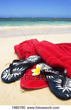 Pair Of Flip Flops With Towel And Plumeria On White Sand Beach, Blue Ocean And Sky In Background. View Large Photo Image Stock Image - Pair Of Flip Flops With Towel And Plumeria On White Sand Beach, Blue Ocean And Sky In Background.. Fotosearch