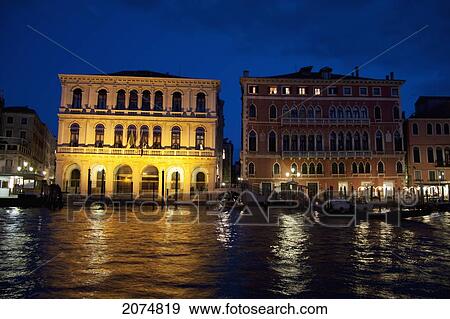 Stock Photo - Palazzos On The Grand Canal At Night, Venice, Italy. Fotosearch