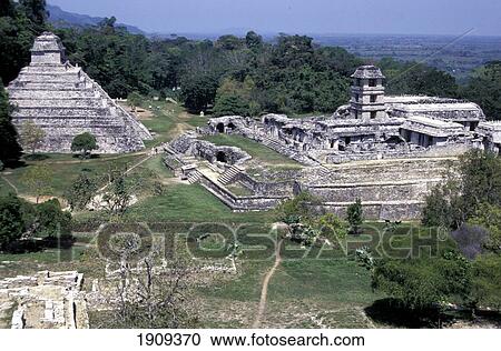 Stock Image - Palenque Ancient Ruins, Elevated View, Chiapas, Mexico. Fotosearch
