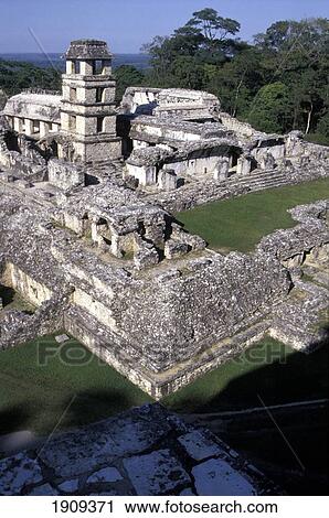 Stock Image - Palenque Ancient Ruins, Elevated View, Chiapas, Mexico. Fotosearch