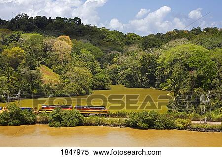 Stock Photography - Panama Canal, Panama, Central America; Train Passing By Canal. Fotosearch