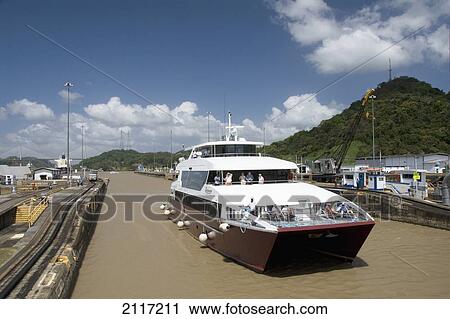 Stock Image - Panama, Panama Canal, cruise boat entering Pedro Miguel Lock. Fotosearch