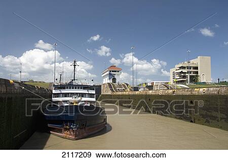 Stock Photo - Panama, Panama Canal, Miraflores Locks, ship in lock.. Fotosearch