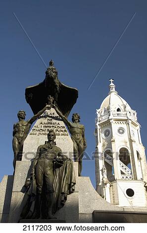 Panama, Panama City, Cosco Viejo, Plaza Bolivar, statue of Simon Bolivar (left), the bell tower of the church of San Francisco de Assis (right) View Large Photo Image Stock Image - Panama, Panama City, Cosco Viejo, Plaza Bolivar, statue of Simon Bolivar (left), the bell tower of the church of San Francisco de Assis (right). Fotosearch