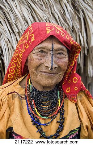 Stock Image - Panama, San Blas Islands (also called Kuna Yala Islands), Playon Chico Village, Kuna woman.. Fotosearch