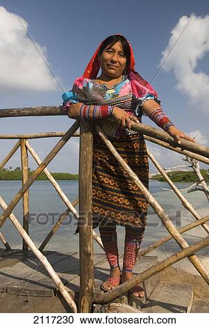 Stock Image - Panama, San Blas Islands (also called Kuna Yala Islands), Playon Chico Village, Kuna woman. Fotosearch