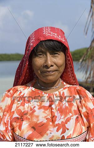 Stock Photo - Panama, San Blas Islands (also called Kuna Yala Islands), Playon Chico Village, Kuna woman. Fotosearch