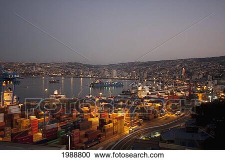 Stock Image - Panorama Of The Port From Cerro Artilleria At Dusk, Valparaiso, Valparaiso Region, Chile. Fotosearch