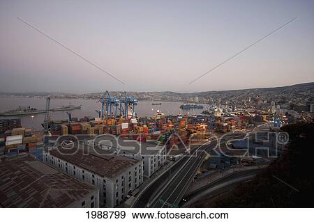 Stock Photo - Panorama Of The Port From Cerro Artilleria At Dusk, Valparaiso, Valparaiso Region, Chile. Fotosearch