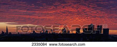 Panoramic Sunset Over City Of London And Canary Wharf; London, England, Uk View Large Photo Image Picture - Panoramic Sunset Over City Of London And Canary Wharf; London, England, Uk. Fotosearch