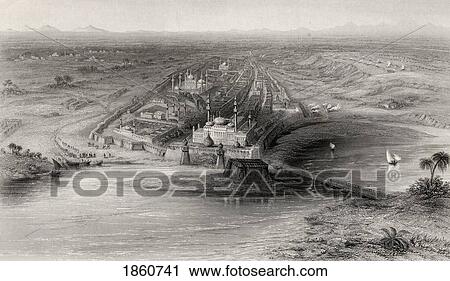 Stock Image - Panoramic View Of New And Old Delhi India And The Surrounding Countryside From A 19Th Century Print. Fotosearch