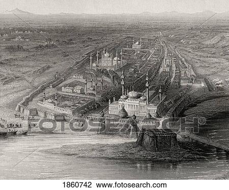 Stock Image - Panoramic View Of New And Old Delhi India And The Surrounding Countryside From A 19Th Century Print. Fotosearch