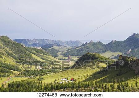 Stock Photo - Panoramic view of the granite rock formations of the Khentii Mountains from the Aryabala Buddhist Initiation and Meditation Center, Gorkhi-Terelj National Park, Mongolia. Fotosearch
