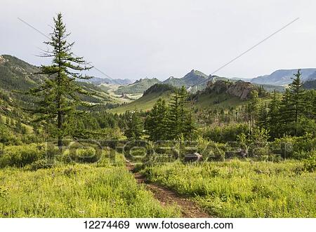 Stock Photo - Panoramic view of the granite rock formations of the Khentii Mountains from the Aryabala Buddhist Initiation and Meditation Center, Gorkhi-Terelj National Park, Mongolia. Fotosearch