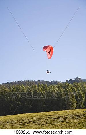 Stock Photography - Paraglider In Air Over Tree Tops; Haleakala, Maui, Hawaii, Usa. Fotosearch