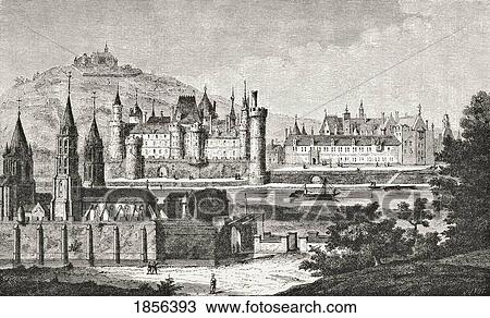 Stock Image - Paris France View Of St Germain Des Pres, The Louvre, The Petit Bourbon, The Seine And Montmartre After An 18Th Century Engraving From Science And Literature In The Middle Ages By Paul Lacroix Published London 1878. Fotosearch