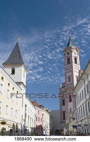 Stock Image - Passau, Germany; Church Tower In Village Square. Fotosearch