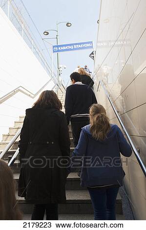 Stock Image - Passengers Going Up The Steps To The Funicular; Istanbul Turkey. Fotosearch