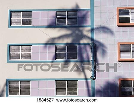 Stock Photo - Pastel Colored Building Exterior With Palm Tree Shadow, Close Up. Fotosearch