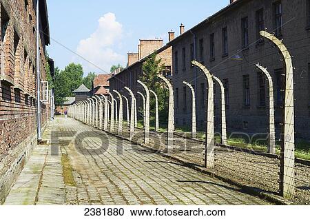 Stock Image - Path between prisoner blocks in Auschwitz concentration camp; Osweciem, Poland. Fotosearch