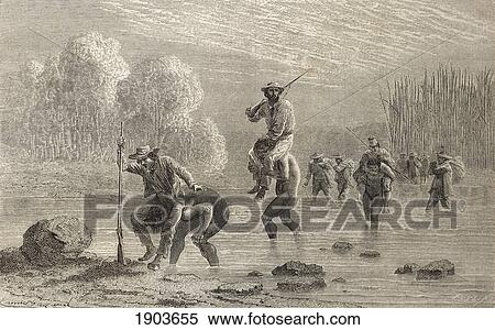 Stock Photography - Paul Marcoy And His Expedition Being Carried Across A Swamp In Argentina By Chuncho Indians In 1874. Paul Marcoy, 1815 To 1888. French Traveler And Explorer. From El Mundo En La Mano Published 1878.. Fotosearch