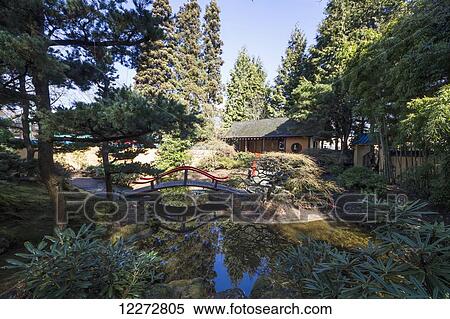Pavilion and bridge over the pond in the Oriental Garden of Park and Tilford Gardens, North Vancouver, British Columbia, Canada View Large Photo Image Stock Photography - Pavilion and bridge over the pond in the Oriental Garden of Park and Tilford Gardens, North Vancouver, British Columbia, Canada. Fotosearch