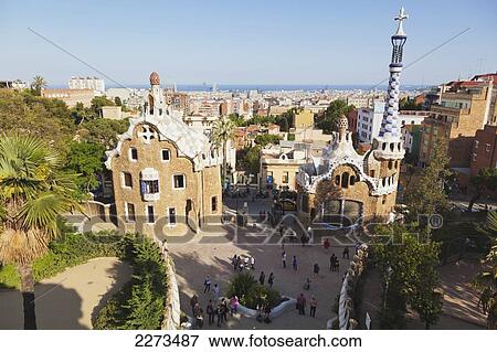 Pavilions at the entrance to parc guell; barcelona spain View Large Photo Image Stock Photo - Pavilions at the entrance to parc guell; barcelona spain. Fotosearch