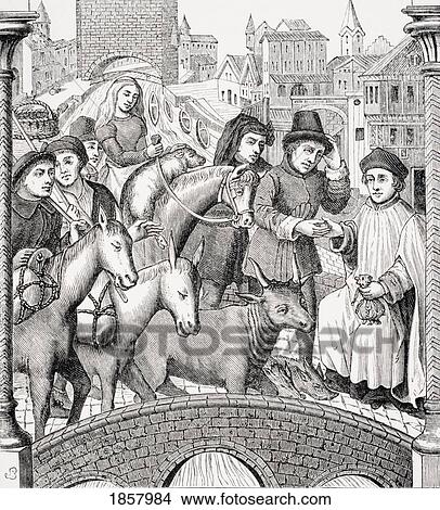 Picture - Paying Toll On Passing A Bridge From 15Th Century Painted Window In Tournay Cathedral. Fotosearch