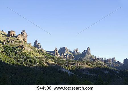 Stock Photograph - Peaks of Valle Encantado by the Limay River, Rio, Argentina. Fotosearch