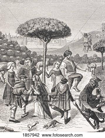 Stock Image - Peasant Dances Of The May Feasts. After Miniature In 15Th Century Prayer Book.. Fotosearch