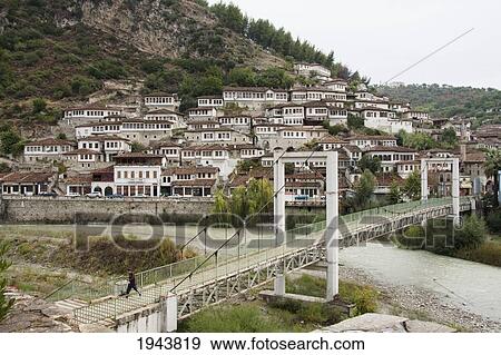 Pedestrian Bridge Over The Osumi River, Berat, Albania View Large Photo Image Stock Photo - Pedestrian Bridge Over The Osumi River, Berat, Albania. Fotosearch