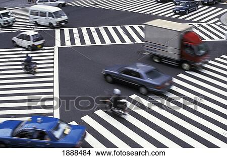 Pedestrian Crossing In Ginza, High Angle View View Large Photo Image Picture - Pedestrian Crossing In Ginza, High Angle View. Fotosearch