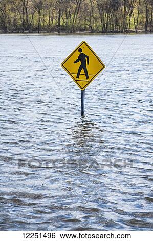 Stock Photograph - Pedestrian crossing sign in an area flooded by a river; Connecticut, United States of America. Fotosearch