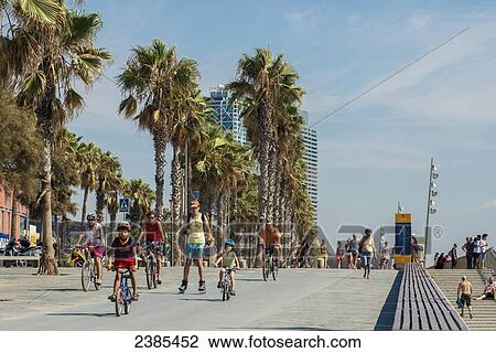 Stock Image - Pedestrians and cyclists on the promenade by Barceloneta beach; Barcelona, Catalonia, Spain. Fotosearch