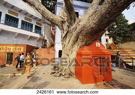 Stock Image - Pedestrians walking on the street near the ghats of the Ganges; Varanasi, India. Fotosearch