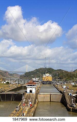Stock Photo - Pedro Miguel Locks, Panama Canal, Panama, Central America; Container Ship In Lock. Fotosearch